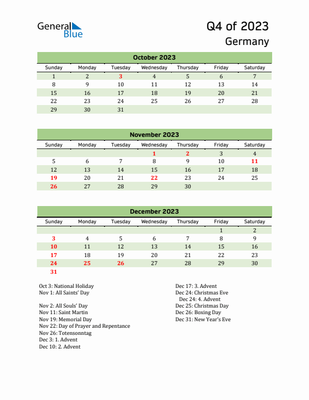 Quarterly Calendar 2023 with Germany Holidays