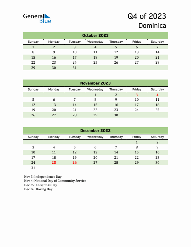 Quarterly Calendar 2023 with Dominica Holidays