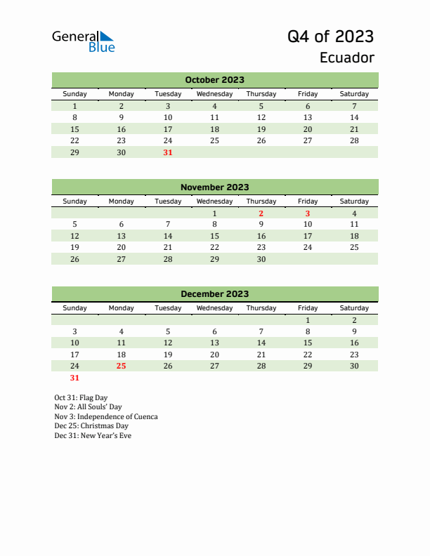 Quarterly Calendar 2023 with Ecuador Holidays