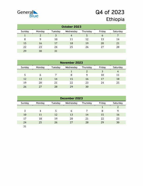 Quarterly Calendar 2023 with Ethiopia Holidays