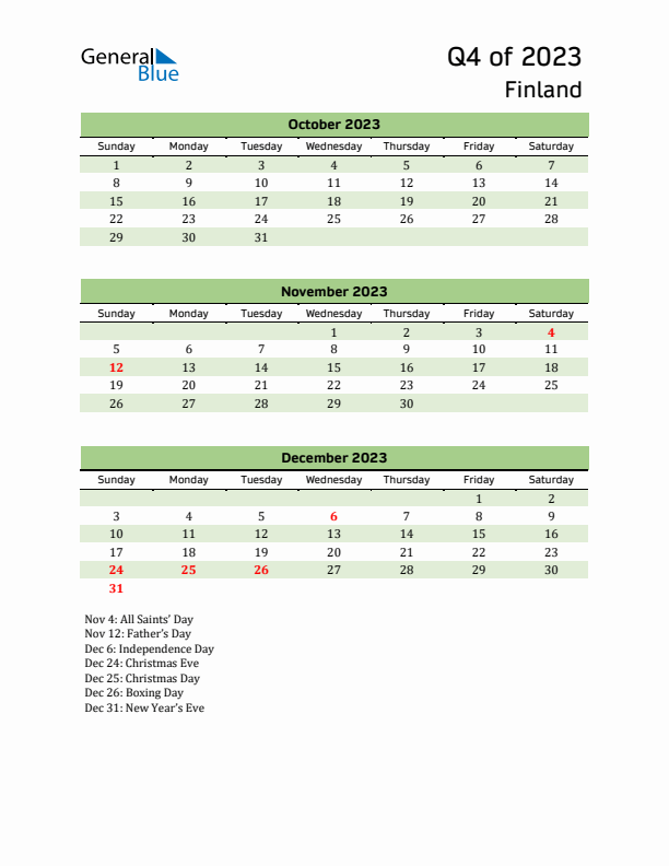 Quarterly Calendar 2023 with Finland Holidays