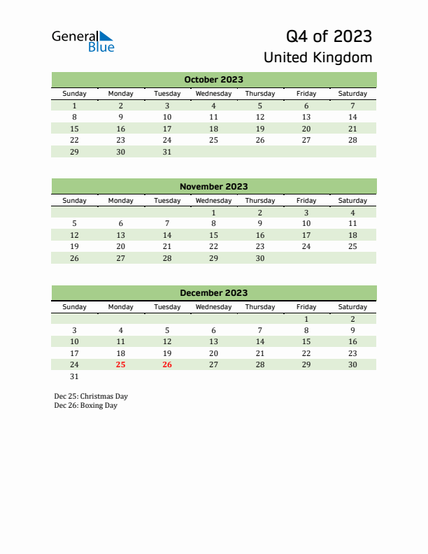 Quarterly Calendar 2023 with United Kingdom Holidays