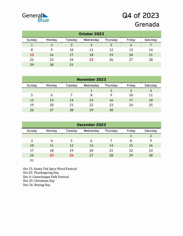 Quarterly Calendar 2023 with Grenada Holidays