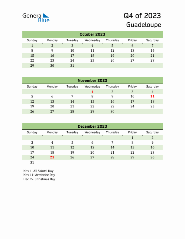 Quarterly Calendar 2023 with Guadeloupe Holidays