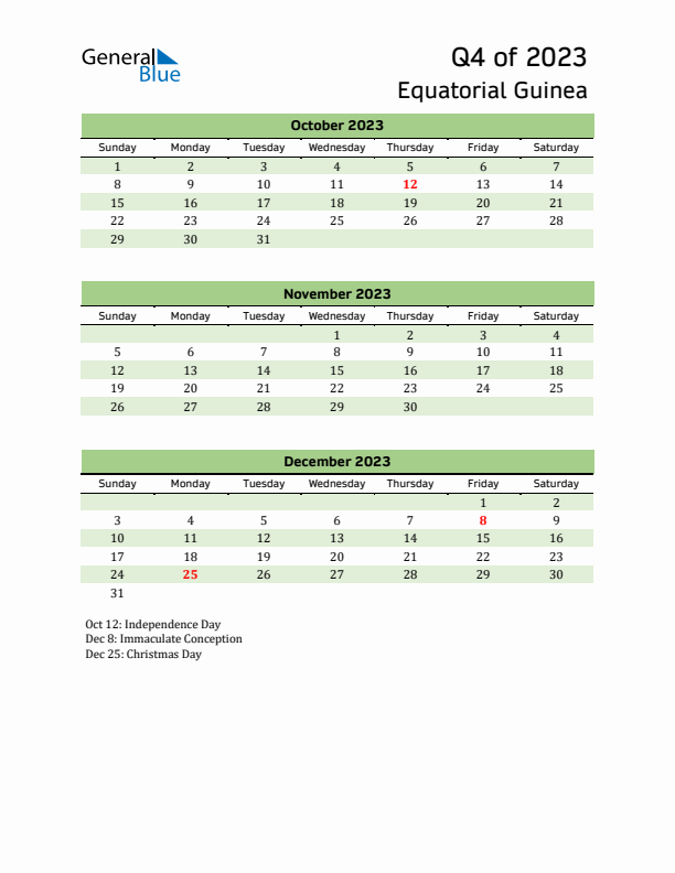 Quarterly Calendar 2023 with Equatorial Guinea Holidays