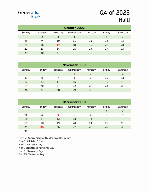 Quarterly Calendar 2023 with Haiti Holidays