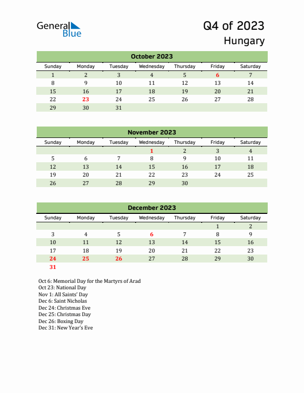 Quarterly Calendar 2023 with Hungary Holidays