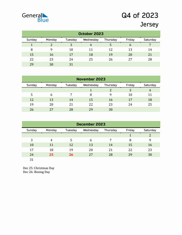 Quarterly Calendar 2023 with Jersey Holidays