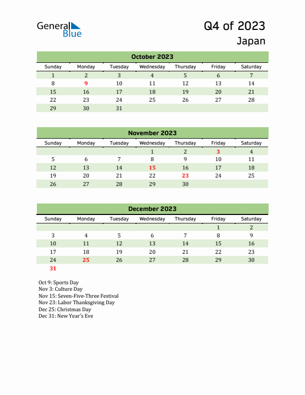 Quarterly Calendar 2023 with Japan Holidays