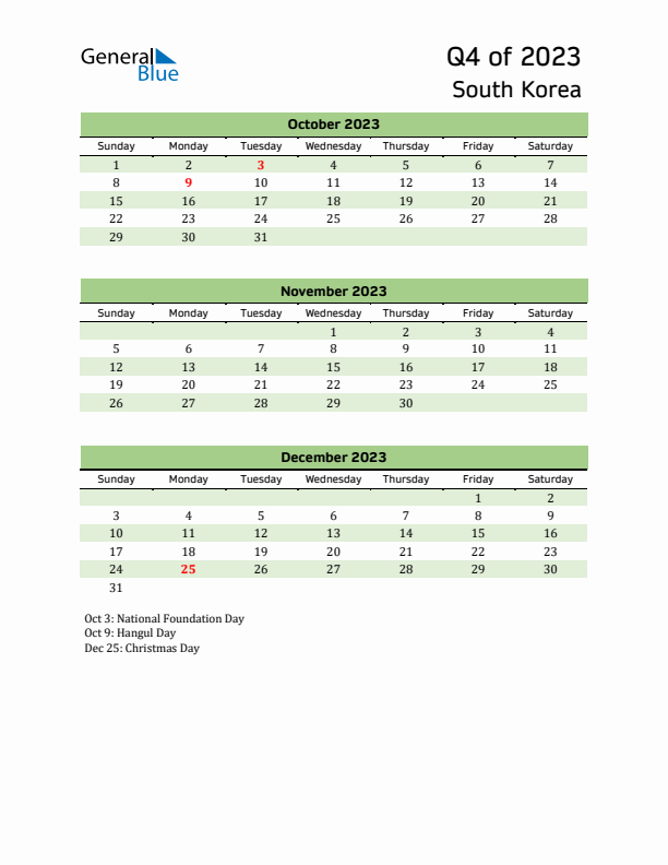 Quarterly Calendar 2023 with South Korea Holidays