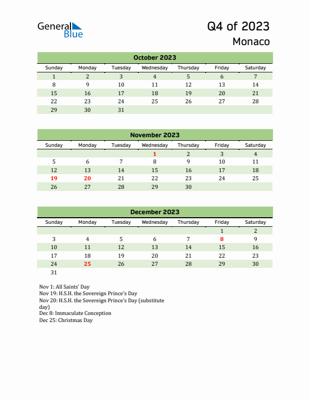 Quarterly Calendar 2023 with Monaco Holidays