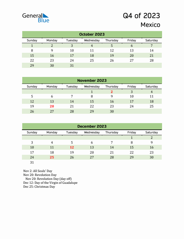 Quarterly Calendar 2023 with Mexico Holidays