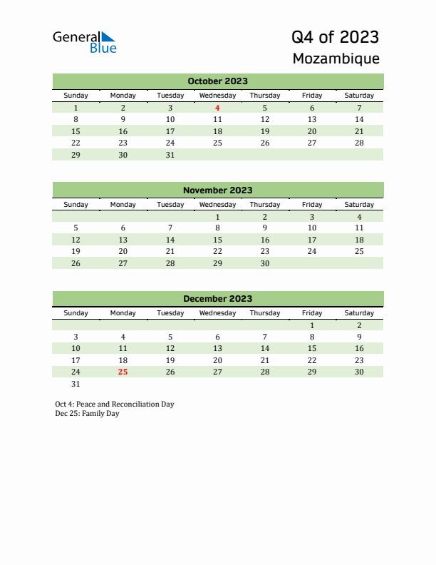 Quarterly Calendar 2023 with Mozambique Holidays