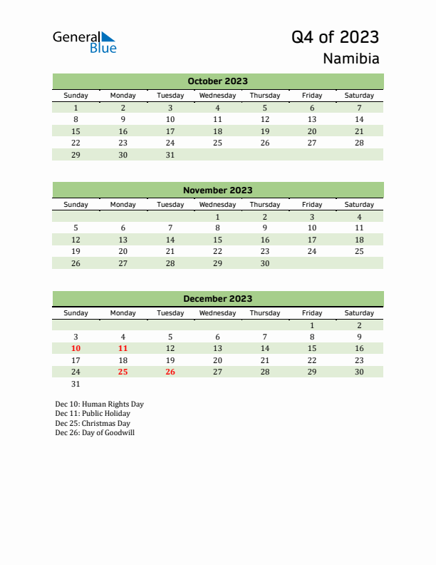 Quarterly Calendar 2023 with Namibia Holidays