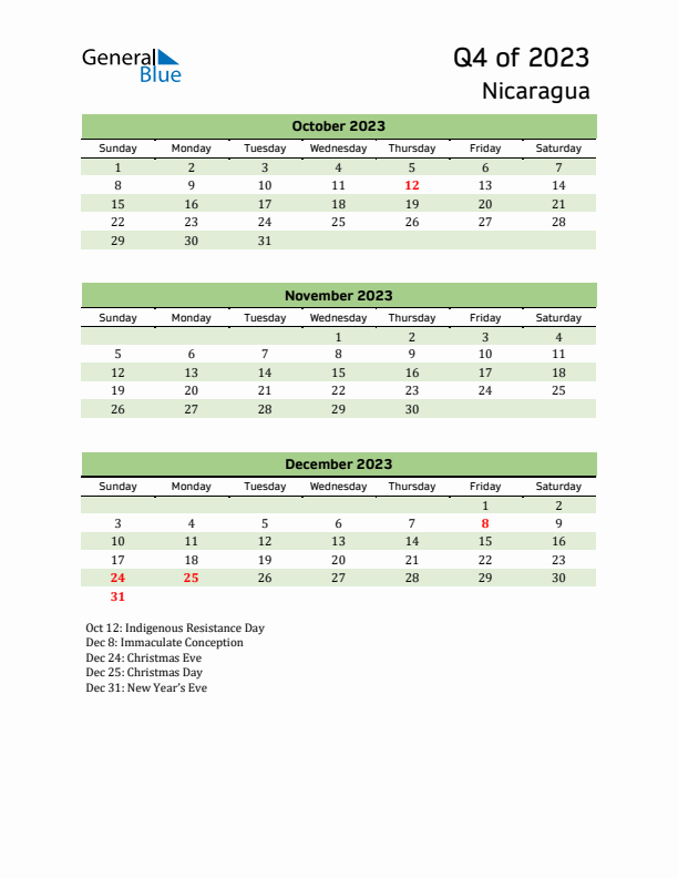 Quarterly Calendar 2023 with Nicaragua Holidays