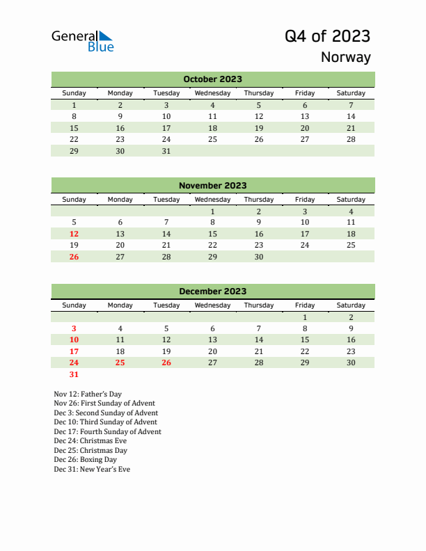 Quarterly Calendar 2023 with Norway Holidays