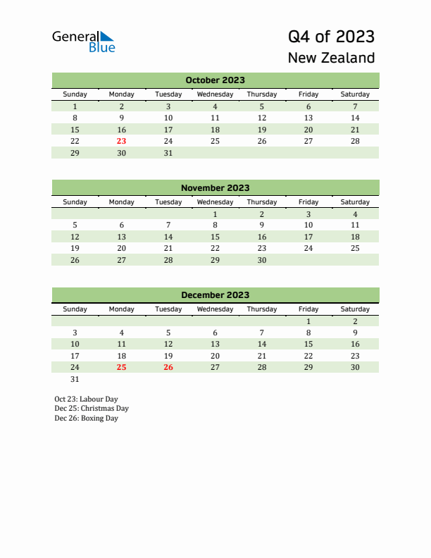 Quarterly Calendar 2023 with New Zealand Holidays