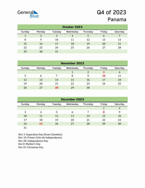 Quarterly Calendar 2023 with Panama Holidays