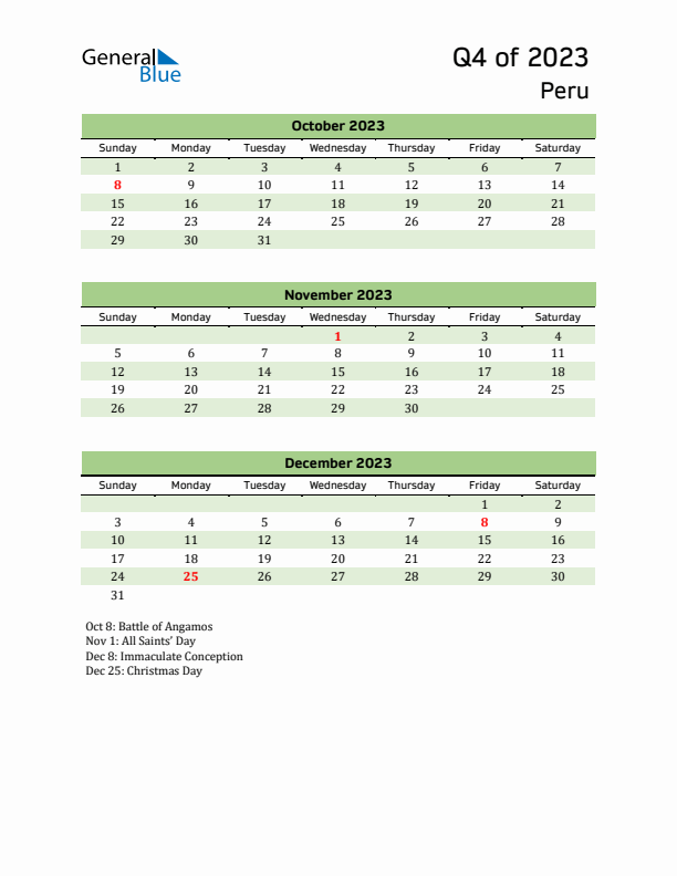 Quarterly Calendar 2023 with Peru Holidays