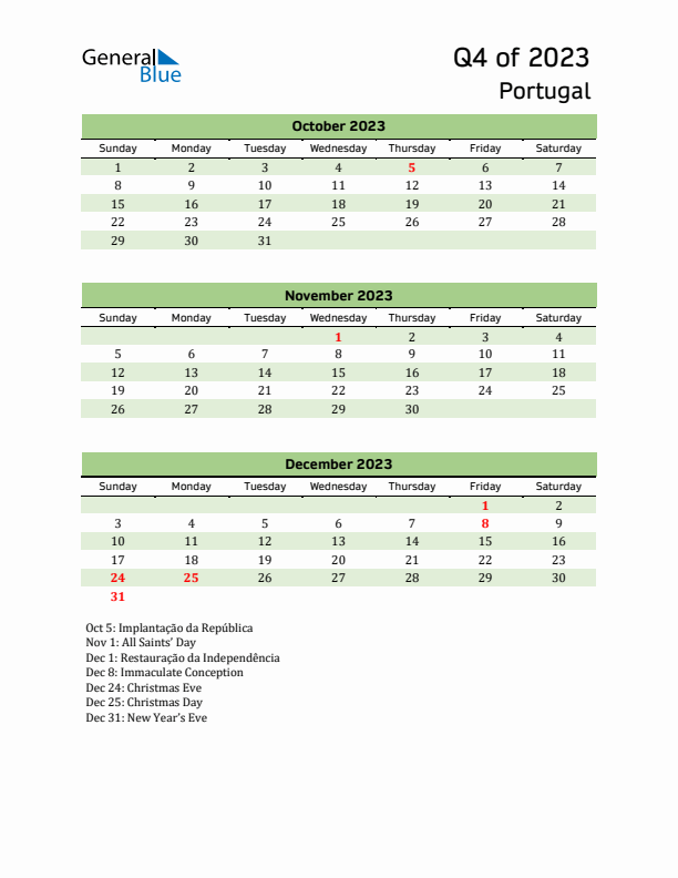 Quarterly Calendar 2023 with Portugal Holidays