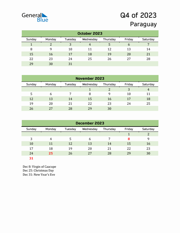 Quarterly Calendar 2023 with Paraguay Holidays