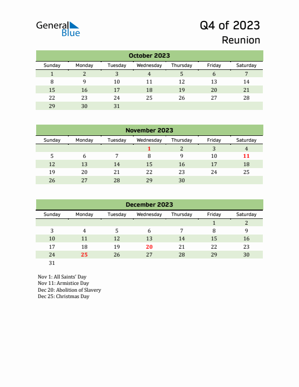 Quarterly Calendar 2023 with Reunion Holidays