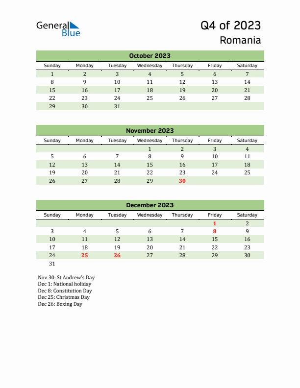 Quarterly Calendar 2023 with Romania Holidays