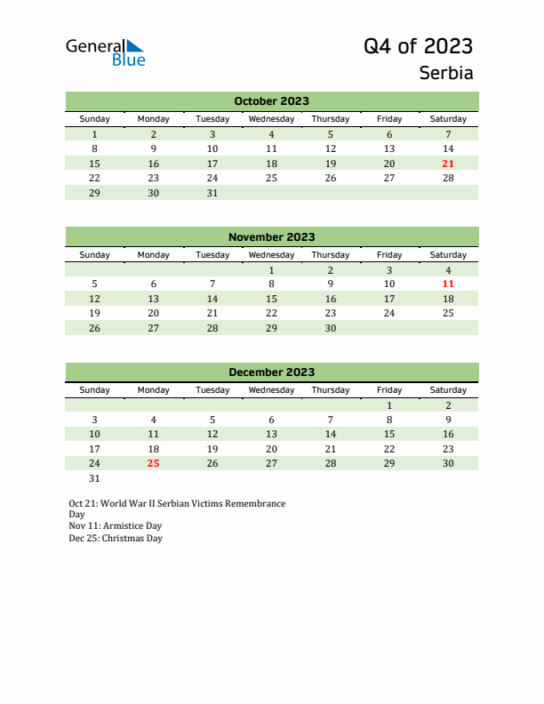 Quarterly Calendar 2023 with Serbia Holidays