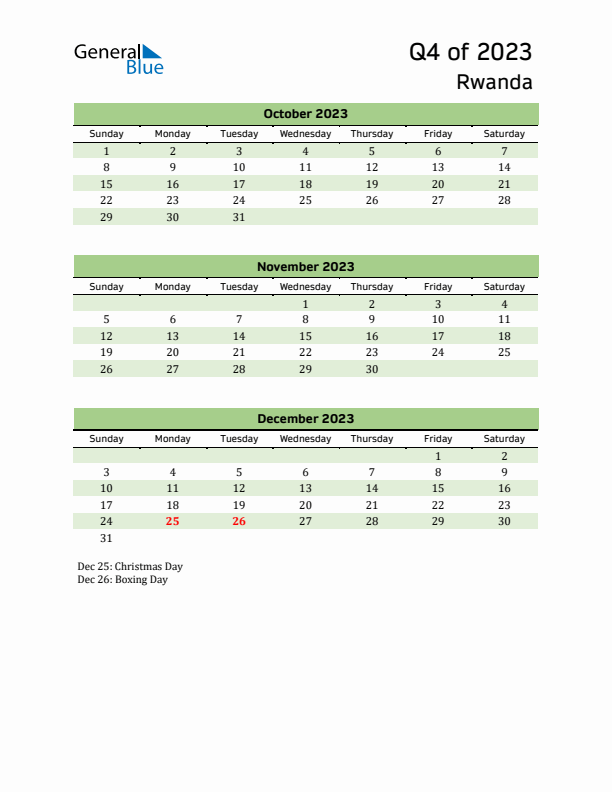 Quarterly Calendar 2023 with Rwanda Holidays