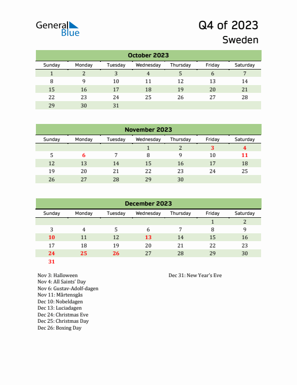 Quarterly Calendar 2023 with Sweden Holidays