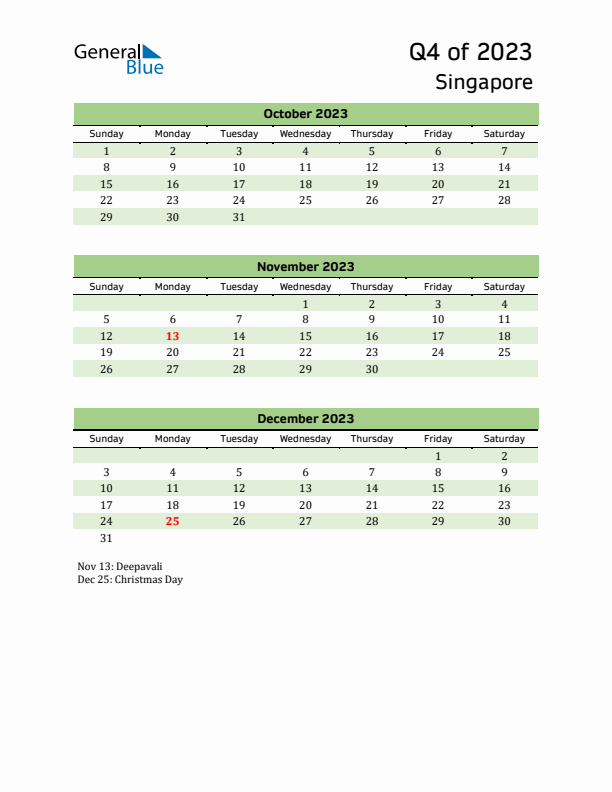 Quarterly Calendar 2023 with Singapore Holidays