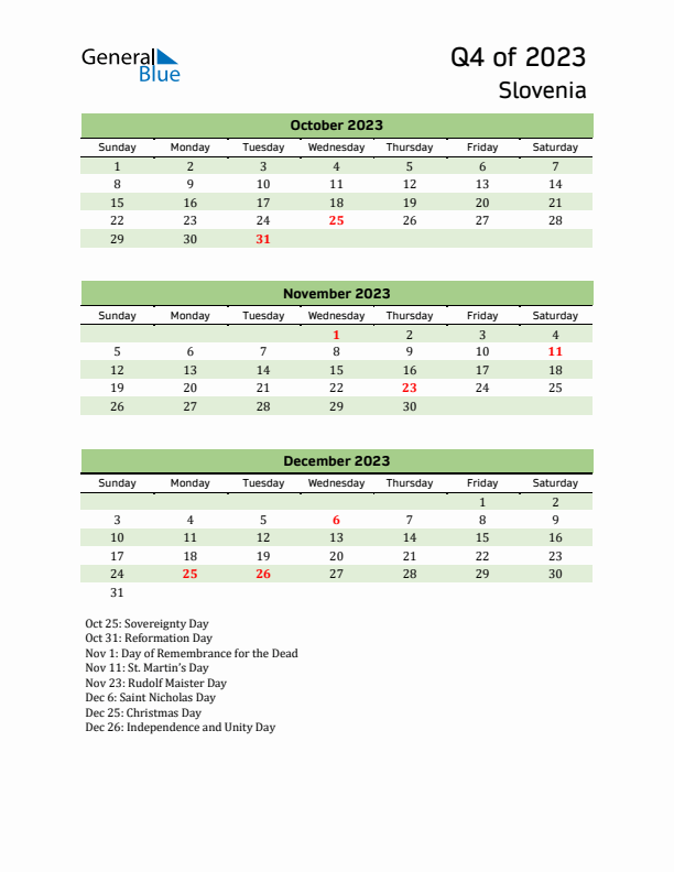 Quarterly Calendar 2023 with Slovenia Holidays