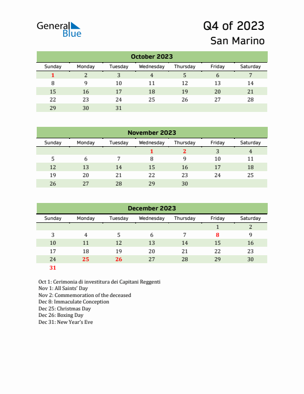 Quarterly Calendar 2023 with San Marino Holidays