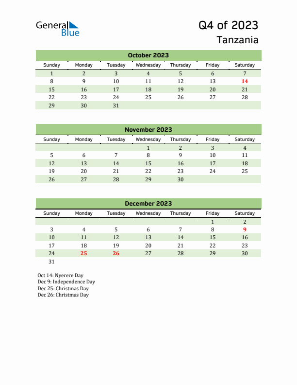 Quarterly Calendar 2023 with Tanzania Holidays