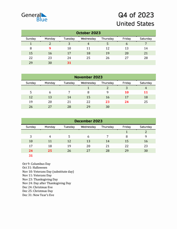 Quarterly Calendar 2023 with United States Holidays