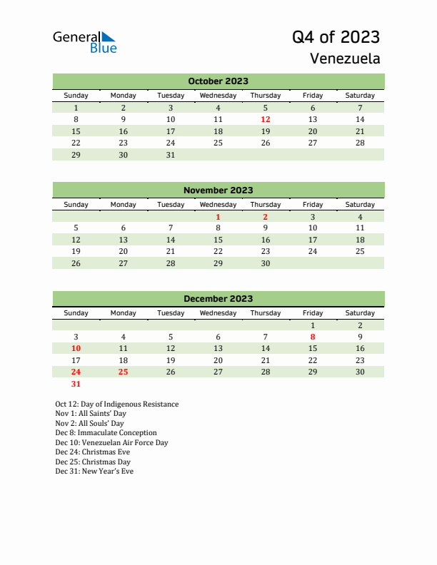 Quarterly Calendar 2023 with Venezuela Holidays