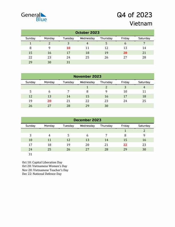 Quarterly Calendar 2023 with Vietnam Holidays