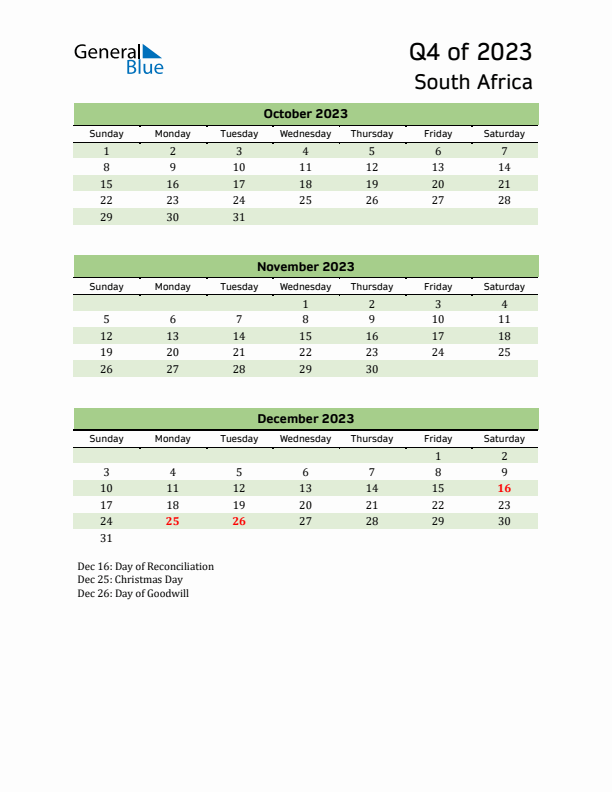 Quarterly Calendar 2023 with South Africa Holidays