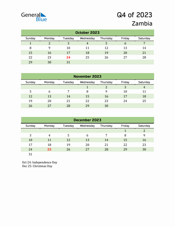 Quarterly Calendar 2023 with Zambia Holidays