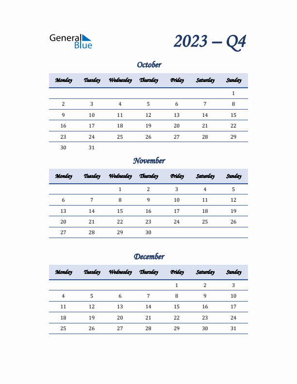 Monday Start 2023 Quarterly Calendar