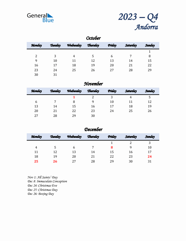 October, November, and December Calendar for Andorra with Monday Start