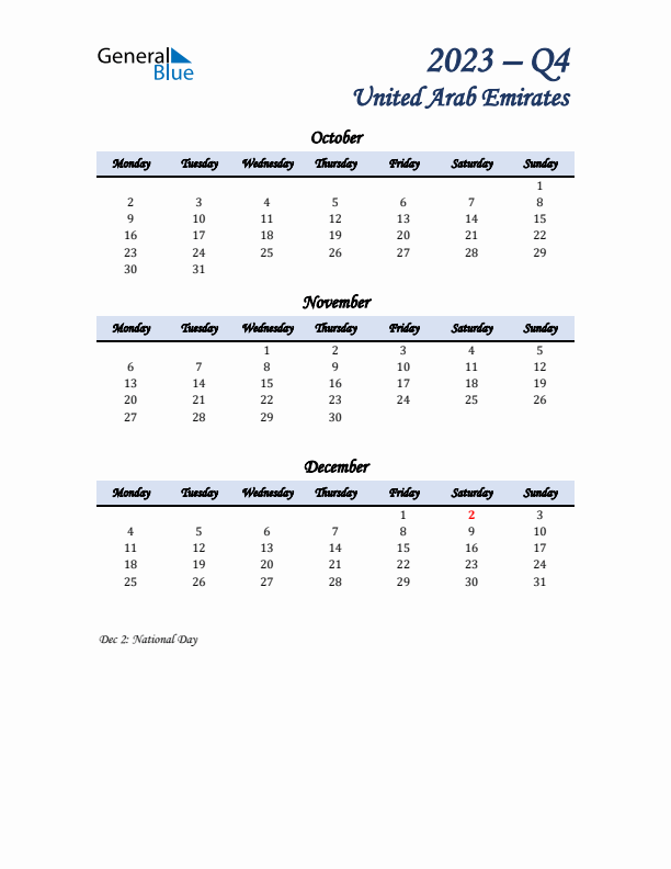 October, November, and December Calendar for United Arab Emirates with Monday Start