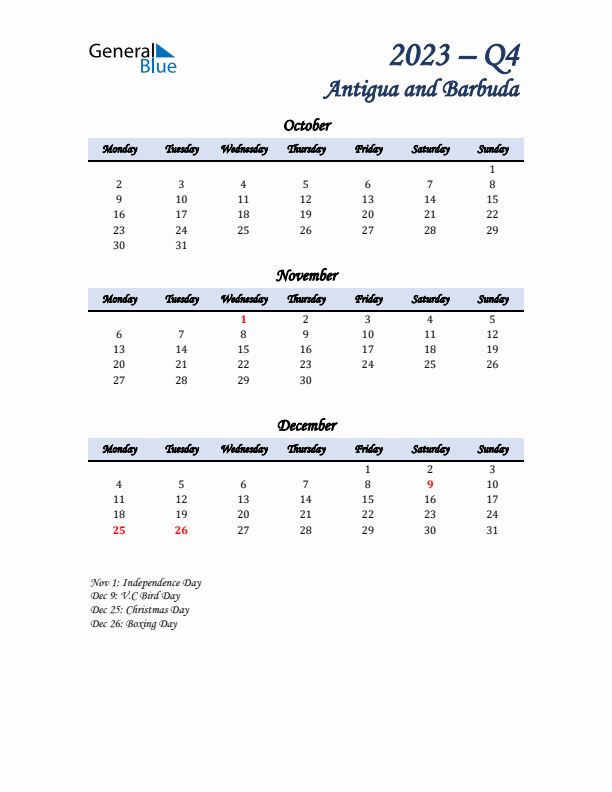 October, November, and December Calendar for Antigua and Barbuda with Monday Start