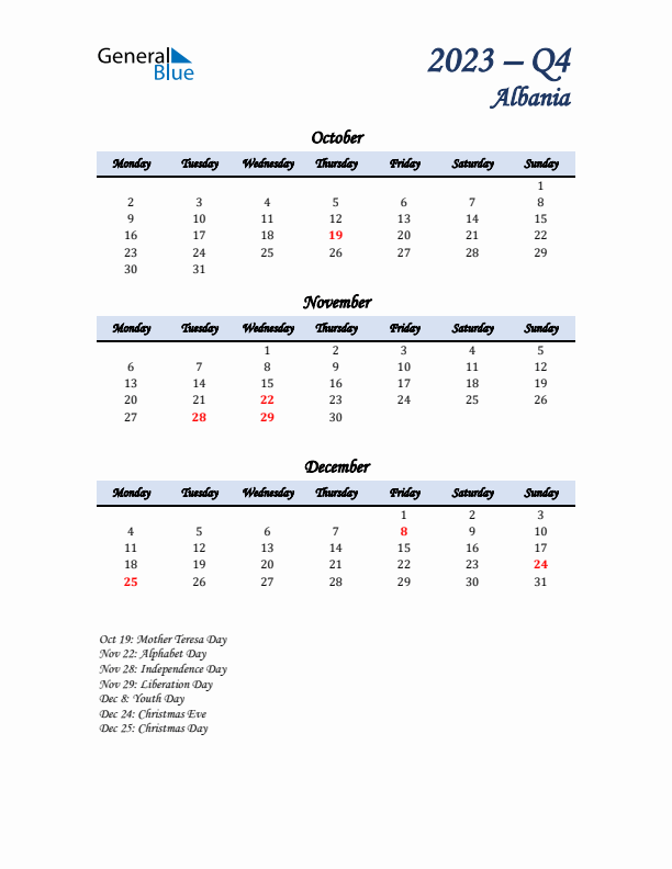 October, November, and December Calendar for Albania with Monday Start