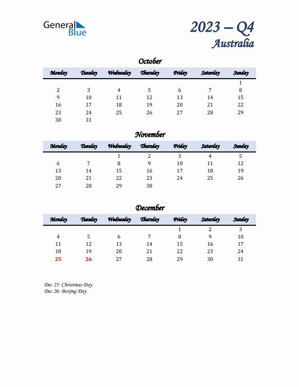 October, November, and December Calendar for Australia with Monday Start