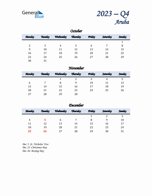 October, November, and December Calendar for Aruba with Monday Start