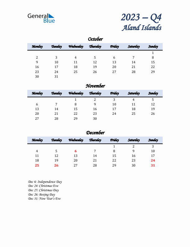 October, November, and December Calendar for Aland Islands with Monday Start