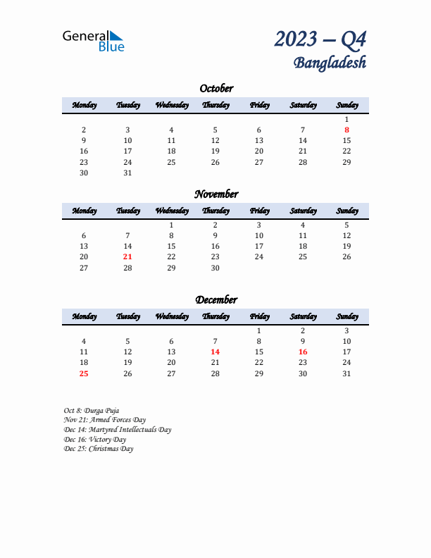 October, November, and December Calendar for Bangladesh with Monday Start