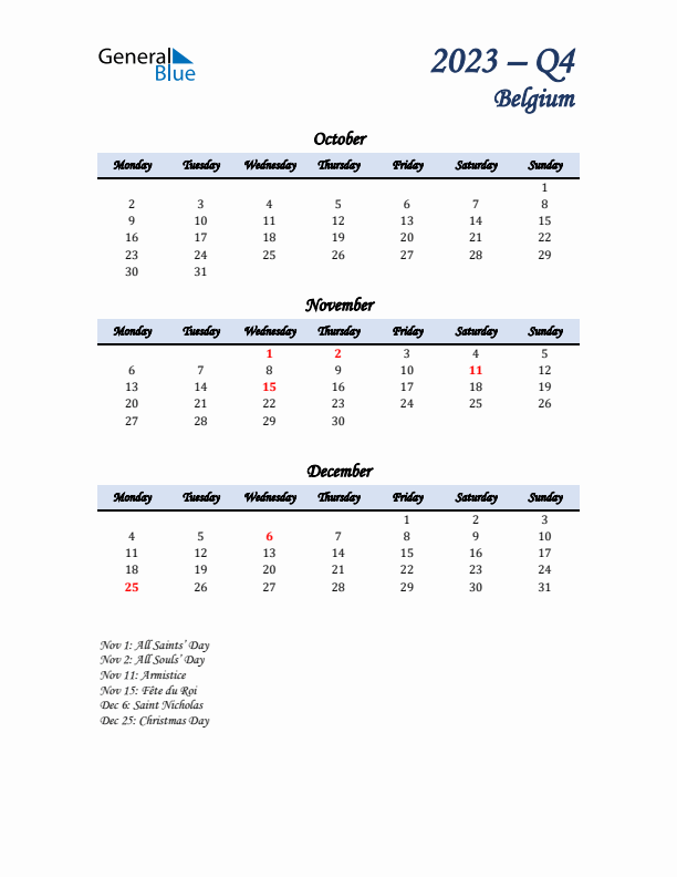 October, November, and December Calendar for Belgium with Monday Start