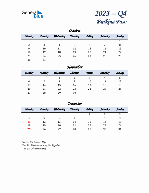 October, November, and December Calendar for Burkina Faso with Monday Start